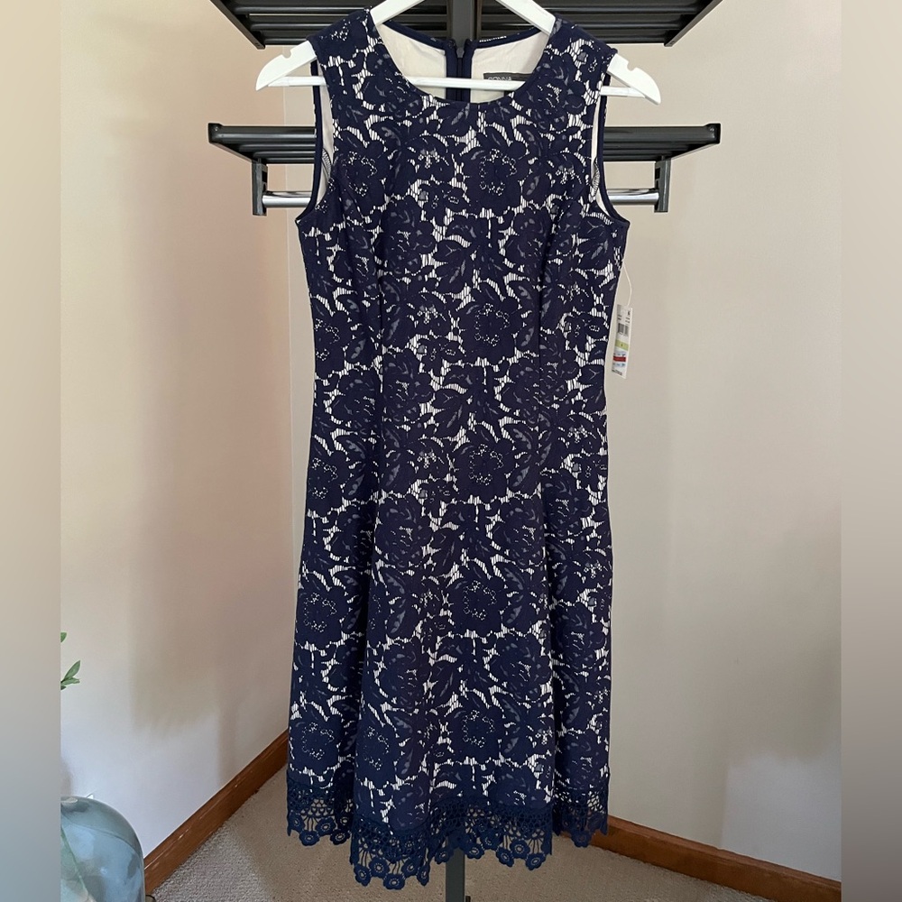 Donna Ricco Navy and White Floral Lace Midi Dress